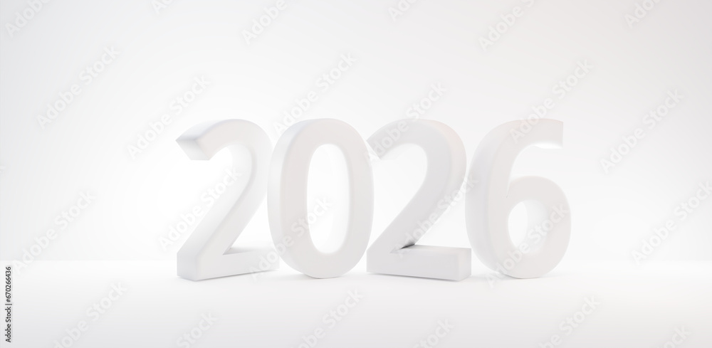 symbol white bold letters year 2026, clean white, bright white background 3d-illustration symbol white bold letters year 2026, clean white, bright white background 3d-illustration