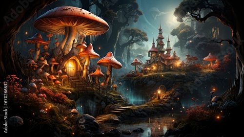 Mystical forest scene with illuminated mushrooms, magical castle, glowing lights, and serene pond reflections.