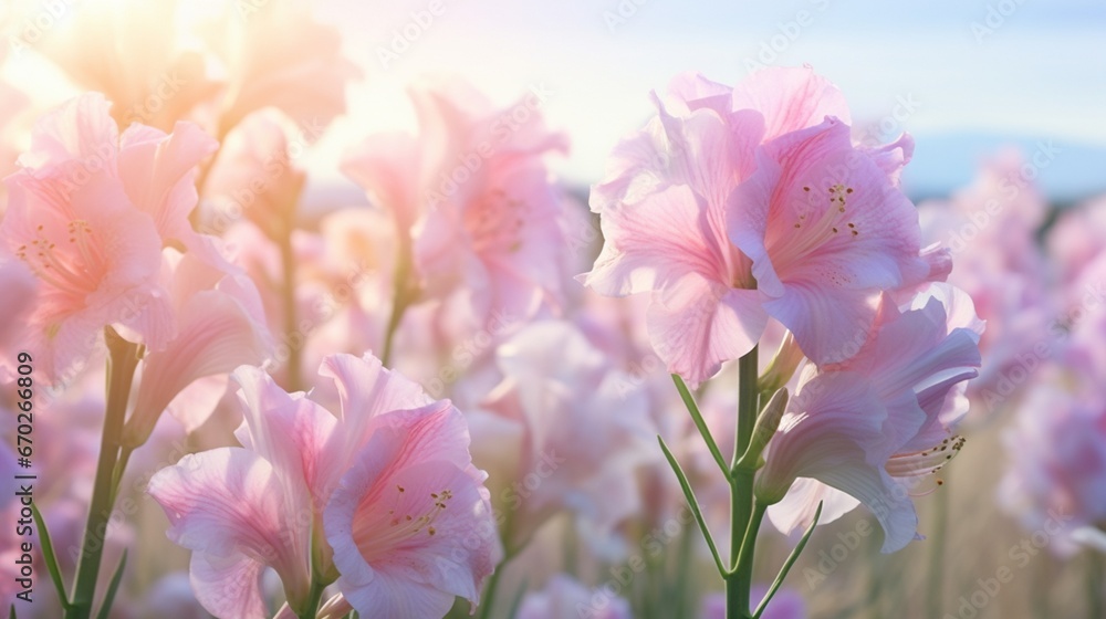 Gossamer Gladiolus flowers in various pastel shades, creating a dreamy, ethereal landscape in a sunlit meadow.