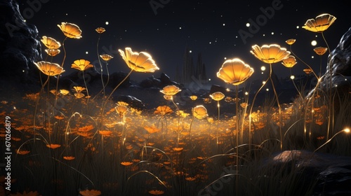 Imagine an ethereal Midnight Marigold standing tall amidst a field of obsidian grass. Craft a