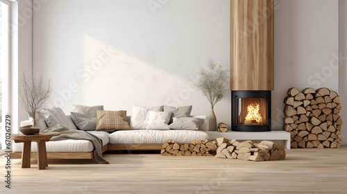 Scandinavian style Living room boho. Mock up wall in interior wooden furniture. generative ai photo