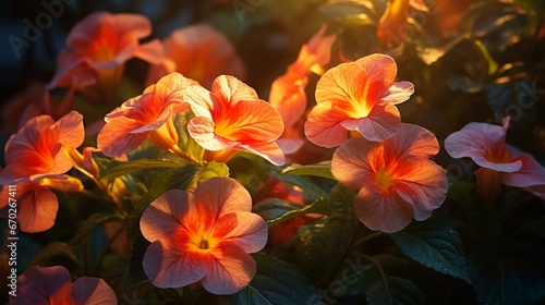 Iridescent impatiens illuminated by the golden rays of sunset  creating a breathtaking display of colors.