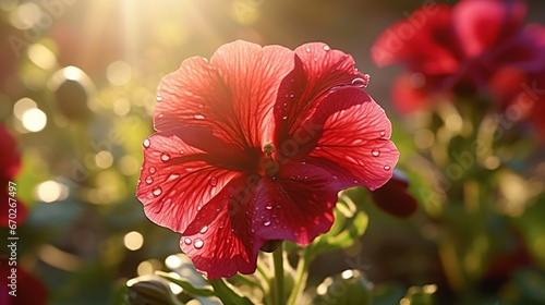 A close-up of a deep red Velvet Petunia, its petals glistening with dew, under the soft morning sunlight. © Anmol