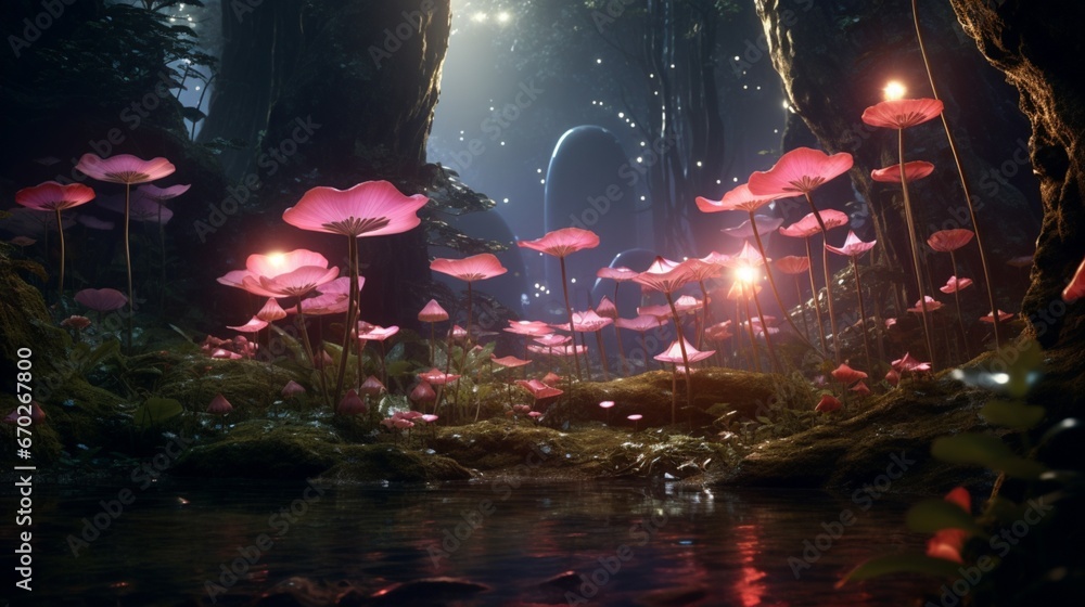 Moonbeam Begonia in a mystical forest, surrounded by glowing mushrooms and fireflies.