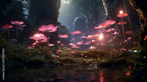 Moonbeam Begonia in a mystical forest, surrounded by glowing mushrooms and fireflies.