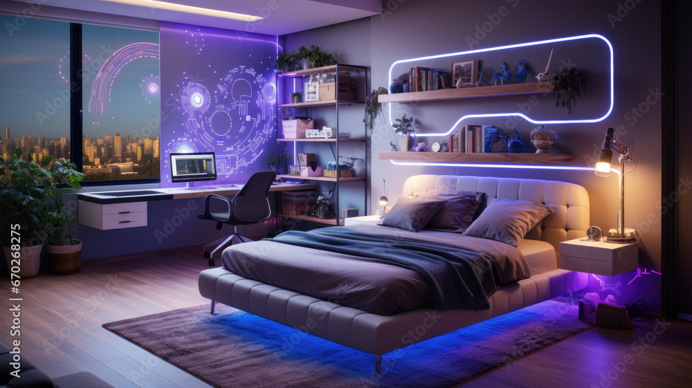 Modern teenage room at night, futuristic interior with purple neon and led light. Luxury home design for child or teen. Concept of teen bedroom, cozy contemporary dwelling of teenager - obrazy, fototapety, plakaty 