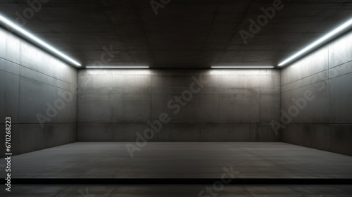 Dark concrete room background, empty underground warehouse with low light. Abstract modern hall like garage with gray walls. Concept of industry, parking, factory, game, hangar