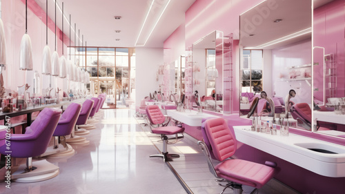 Modern beauty salon interior, luxury empty cosmetic store. Bright clean nail service shop, trendy pink manicure studio design. Concept of fashion, glamour, spa, makeup photo