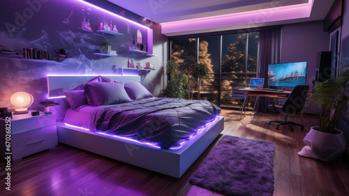 Teenage room at night, futuristic design with pink neon and led light. Modern home interior of city apartment. Concept of bedroom, cozy contemporary dwelling of teenager photo