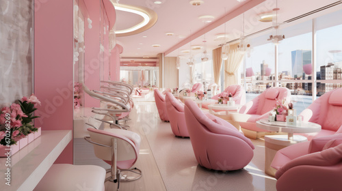 Modern pink beauty salon interior, luxury bright nail service shop. Trendy manicure studio design, clean empty cosmetic store. Fashion, glamour, spa photo