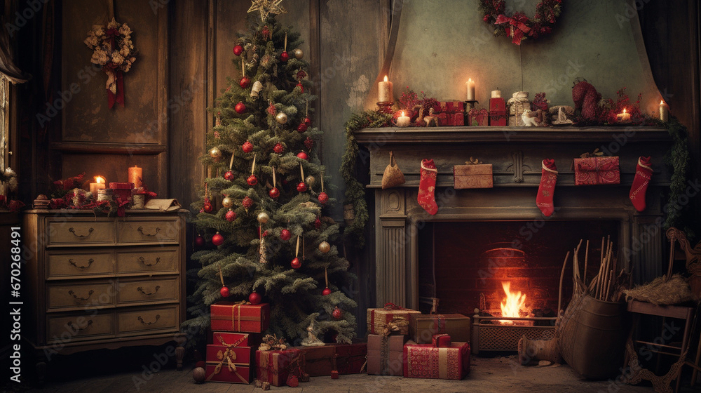 Vintage Christmas Decor With a Fireplace