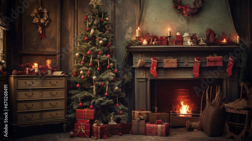 Vintage Christmas Decor With a Fireplace