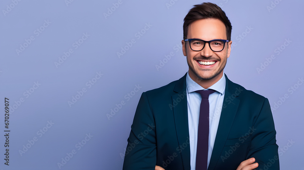 Portrait of handsome cheerful male professional chief wearing eyeglasses and elegant suit looking at camera. Happy businessman smiling cheerfully and posing against isolated blue background Portrait of handsome cheerful male professional chief wearing eyeglasses and elegant suit looking at camera. Happy businessman smiling cheerfully and posing against isolated blue background