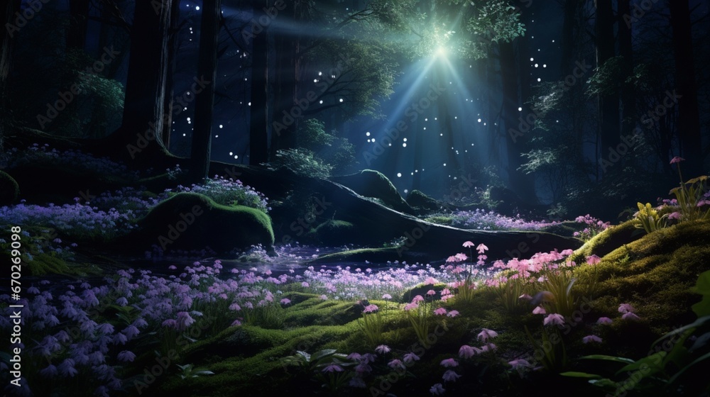 Moonlit Moss Phlox covering the forest floor, with moonbeams filtering through the trees, creating a magical, natural carpet of colors.