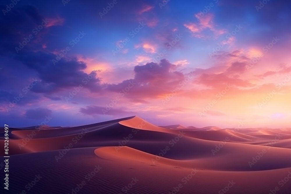 Mesmerizing desert scene. Hilly sand dunes. Serene twilight sky. Generative AI