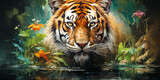 Watercolor painting of a beautiful tiger in water