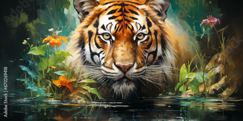 Watercolor painting of a beautiful tiger in water photo