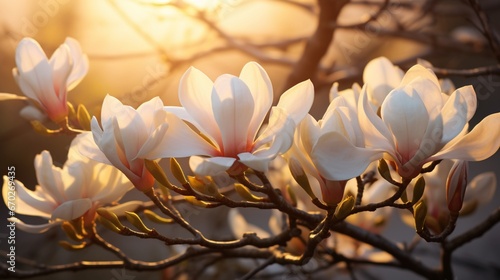 Moonstone Magnolia blossoms bathed in the golden light of the setting sun.