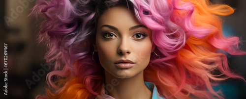 Panoramic shot of beautiful girl with colorful hair looking at camera