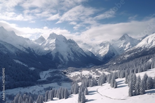 view of mountains covered in snow. Generative AI