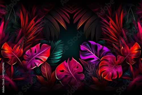 Design with neon-framed tropical leaves on a cyber background. Generative AI