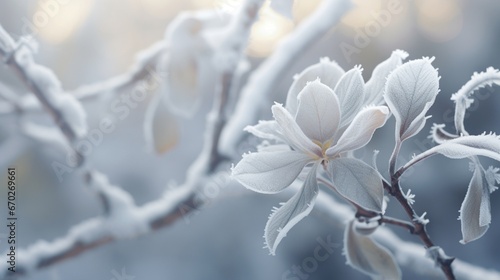 Moonstone Magnolia leaves covered in a delicate layer of frost, capturing the essence of winter.