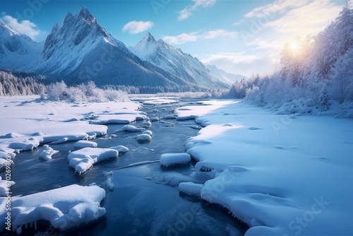 Majestic snow-capped peaks and frozen lake in enchanting snowy landscape. Generative AI