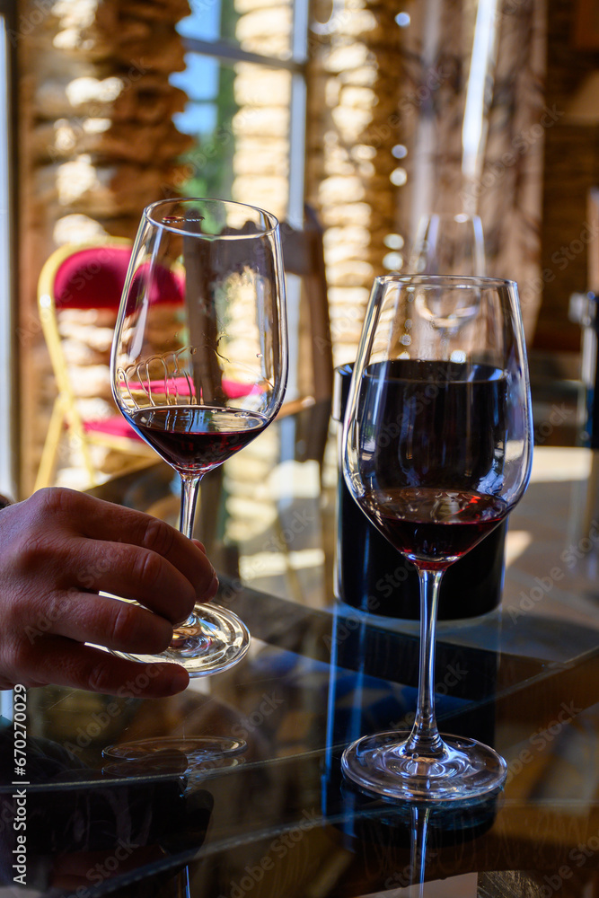 Tasting of red dry wine in Chateauneuf-du-Pape wine making village in France with green vineyards on large pebbles galets and sandstone clay soil