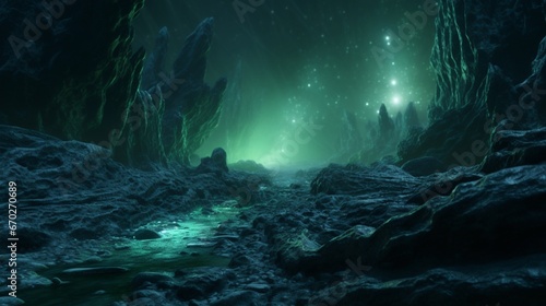 Nebula Nettle's bioluminescent roots penetrating the rocky surface of an alien planet, casting an otherworldly glow.