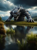 fantasy scenery, big monster entering in the lake, generative ai illustration