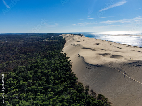 Aerial view of Dune of Pilat tallest sand dune in Europe located in La Teste-de-Buch in Arcachon Bay area, France southwest of Bordeaux along France's Atlantic coastline photo