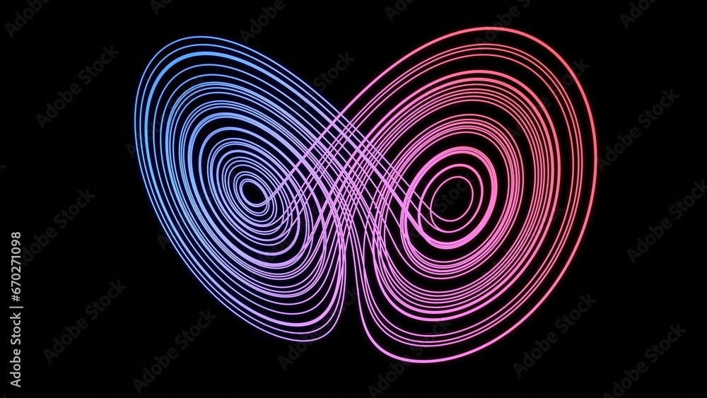 mathematical simulation of the chaos theory and butterfly effect 3d illustration. Can be used to represent lorenz attractor nonlinear dynamics turbulence of initial condition or fractal geometry - obrazy, fototapety, plakaty 