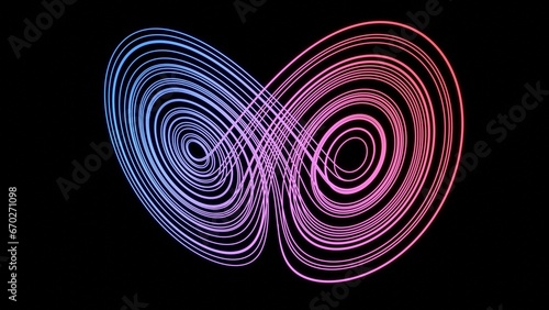 mathematical simulation of the chaos theory and butterfly effect 3d illustration. Can be used to represent lorenz attractor nonlinear dynamics turbulence of initial condition or fractal geometry