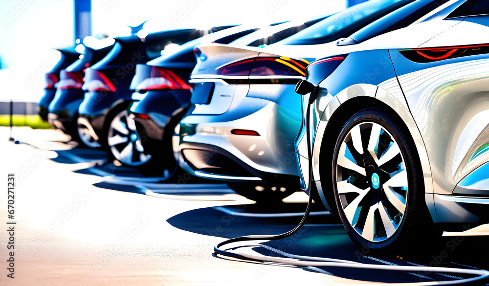 a row of stylish electric cars parked in an orderly manner at a public electric vehicle charging station, renewable, energy, cindustry concept, oncept,  