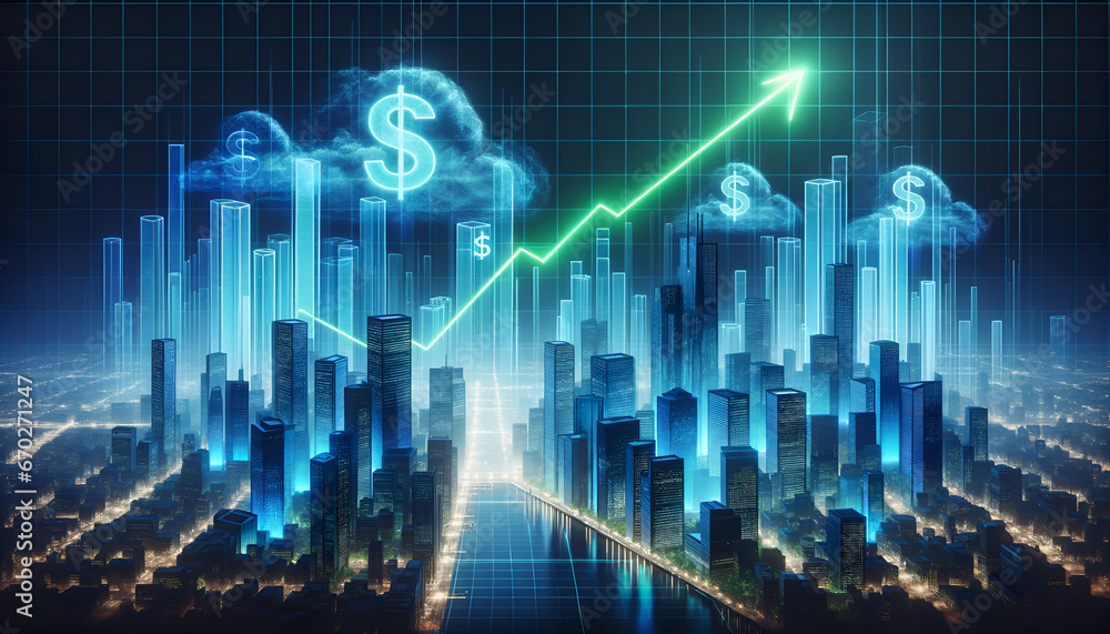 Digital holographic cityscape, Stock market graph, blue skyscrapers, translucent 3D bar graphs showing financial data, marked with dollar signs. Generative AI Digital holographic cityscape, Stock market graph, blue skyscrapers, translucent 3D bar graphs showing financial data, marked with dollar signs. Generative AI