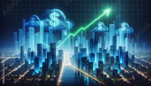 Digital holographic cityscape, Stock market graph, blue skyscrapers, translucent 3D bar graphs showing financial data, marked with dollar signs. Generative AI