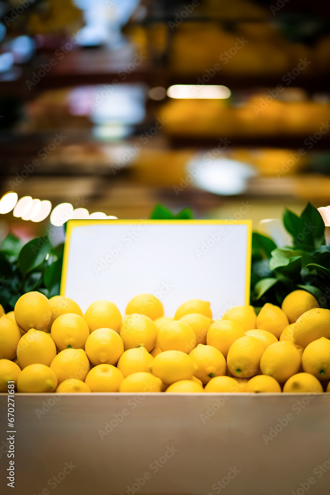Organic lemons stacked in supermarket shelve with white board in blank for copy space