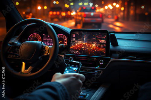 A person texting while driving at high speed, illustrating the hazards of distracted driving. Concept of road safety. Generative Ai. © Sebastian