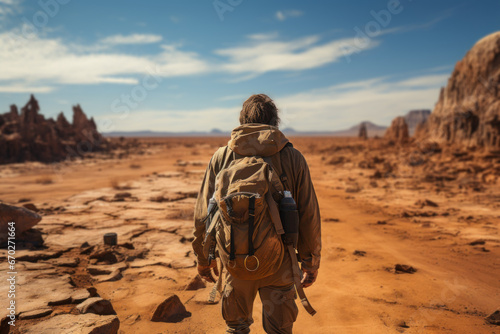 A hiker lost in a vast desert, symbolizing the life-threatening risks of dehydration and exposure. Concept of desert survival. Generative Ai.