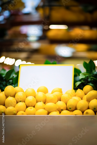 Organic lemons stacked in supermarket shelve with white board in blank for copy space