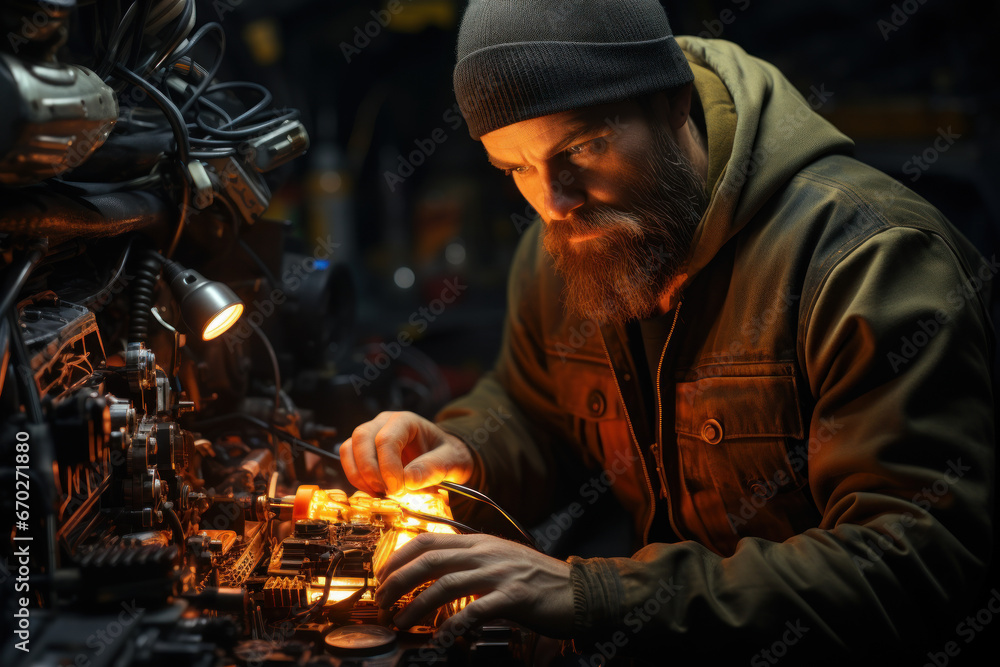 A mechanic repairing an automobile, ensuring roadworthiness and safe transportation. Concept of auto maintenance. Generative Ai.