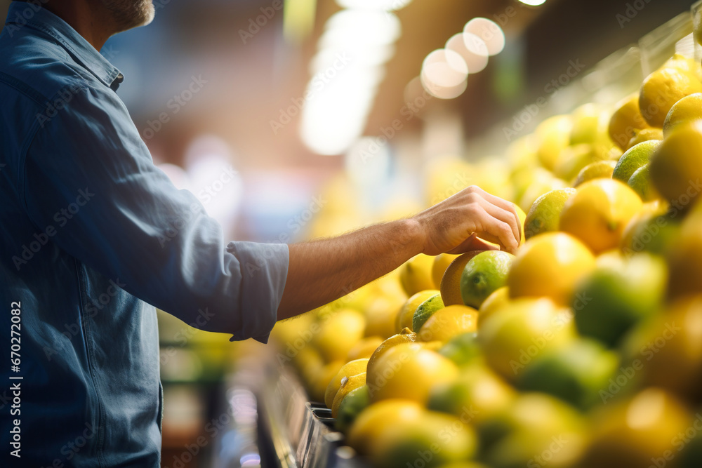 Male costumer buying lemons in supermarket shelves