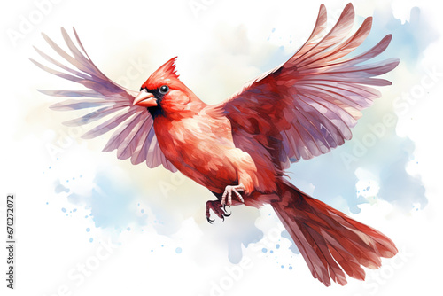Watercolor bird illustration: A flying cardinal bird photo