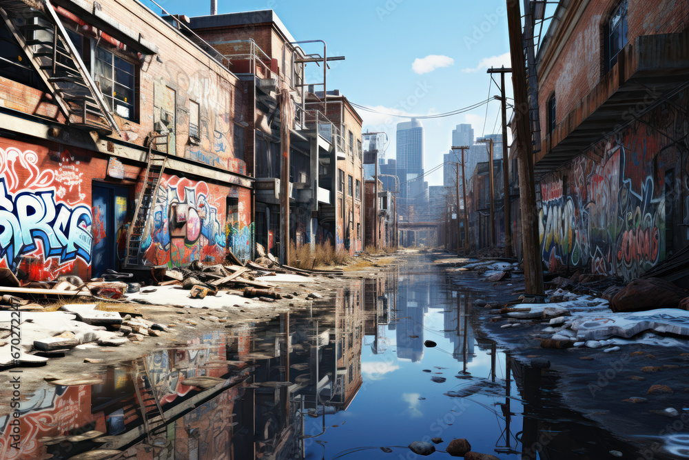Urban landscape with graffiti-covered walls and littered streets, reflecting the issue of urban pollution and neglect. Generative Ai.