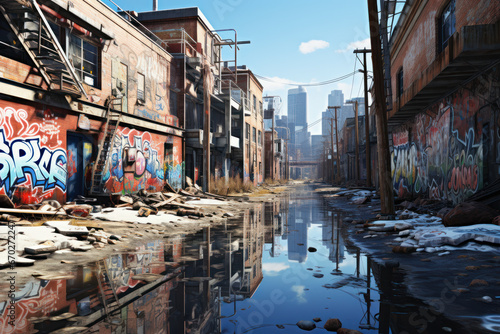 Urban landscape with graffiti-covered walls and littered streets, reflecting the issue of urban pollution and neglect. Generative Ai.