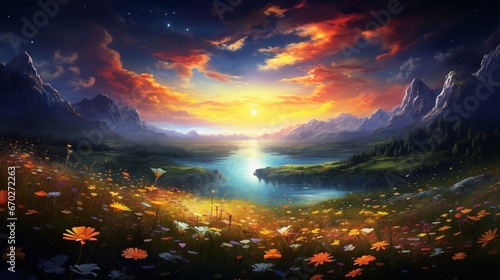 Picture a surreal Midnight Marigold meadow under a star-studded sky, where each petal shimmers like stars. Deliver a high-detailed 8K masterpiece.