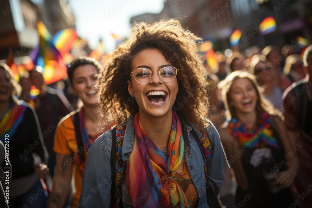 A diverse group of people holding rainbow flags and marching in a pride parade, symbolizing LGBTQ+ pride and visibility. Generative Ai. A diverse group of people holding rainbow flags and marching in a pride parade, symbolizing LGBTQ+ pride and visibility. Generative Ai.