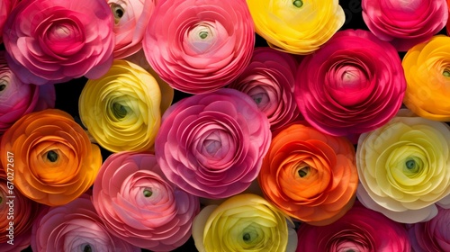 Radiant Ranunculus blossoms seen from above, forming a mesmerizing pattern in high resolution