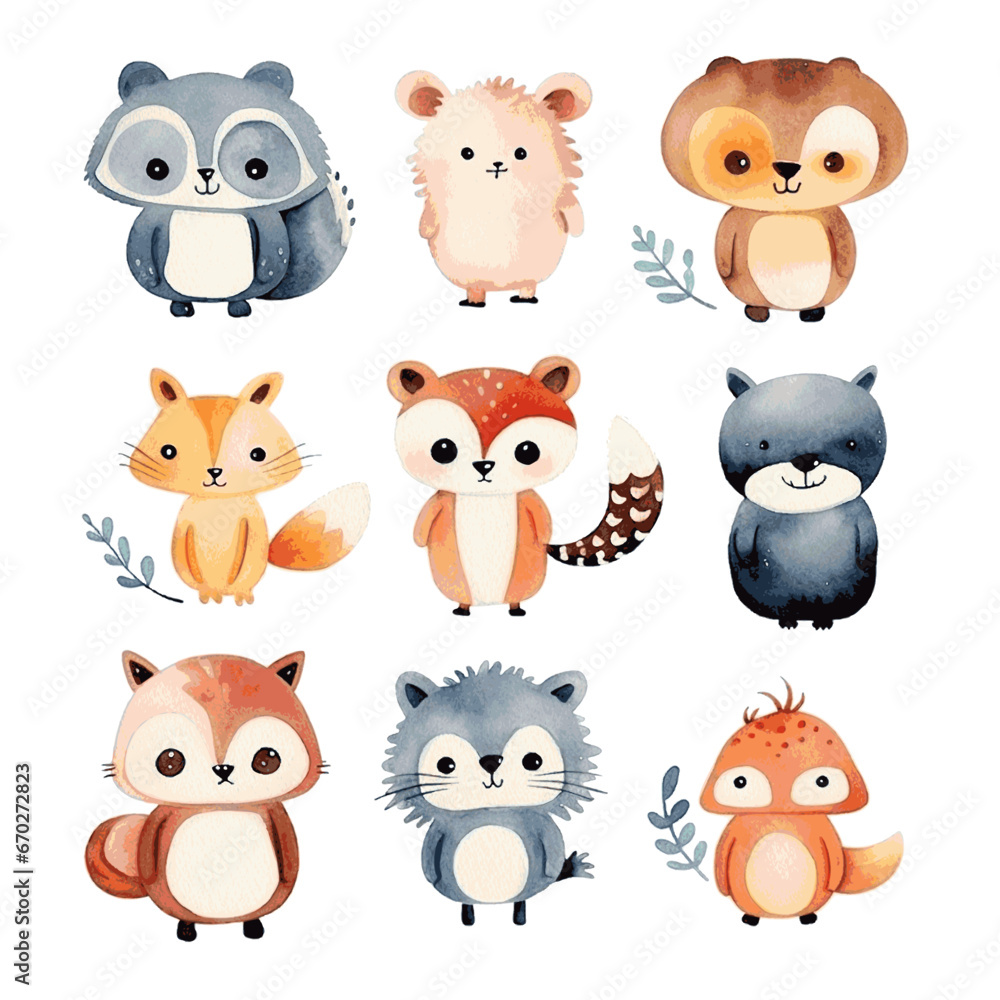 Obraz premium Set of cute funny cartoon animals watercolor paint on white background