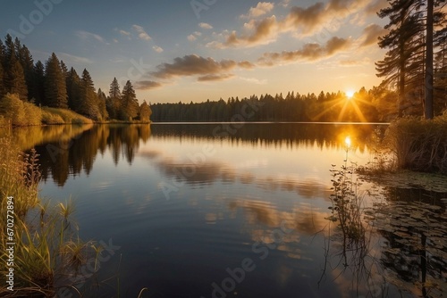 sunrise over the lake. Generative AI © Marcos